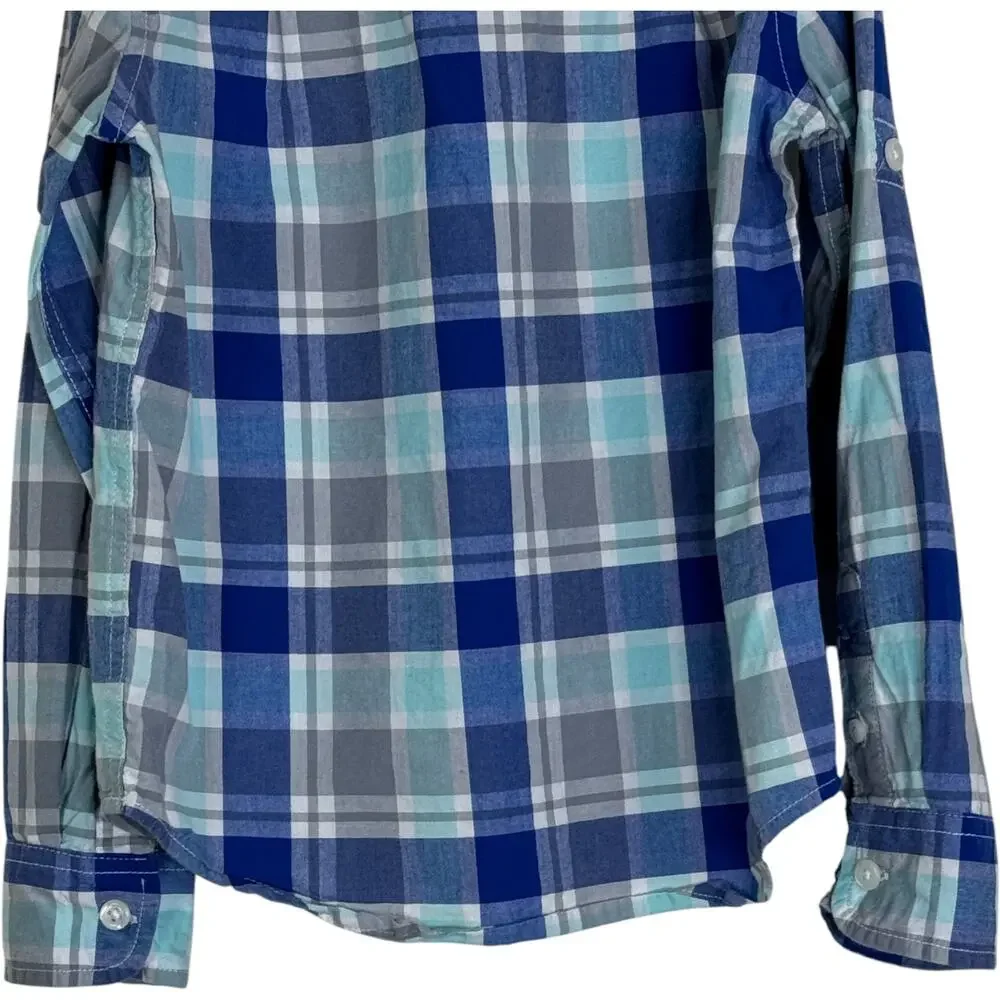 The Children's Place Boys Button-Up Shirt 5/6 Blue Gray Plaid Long Sleeve Cotton